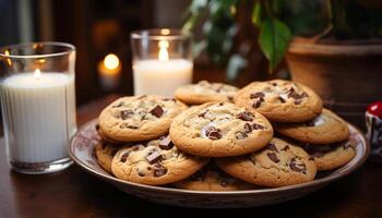AI generated Homemade chocolate chip cookies on rustic wooden table generated by AI photo