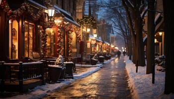 AI generated Snow covered tree illuminated by lanterns on a winter night generated by AI photo