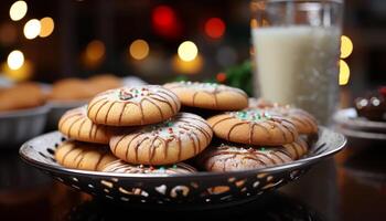 AI generated Homemade chocolate chip cookies on rustic wooden table generated by AI photo