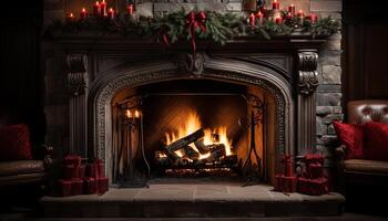 AI generated Cozy living room with glowing fireplace and Christmas tree generated by AI photo
