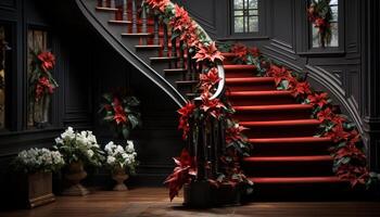 AI generated Christmas tree and wreath decorate elegant staircase generated by AI photo