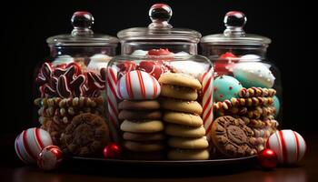 AI generated Homemade candy cane shapes decorate sweet shortbread generated by AI photo