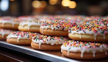 AI generated Stack of colorful donuts on wooden plate generated by AI photo