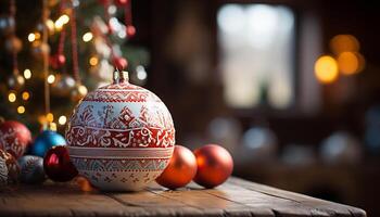AI generated Christmas ornament glowing on rustic wood table generated by AI photo