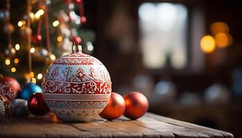 ai generado Navidad ornamento brillante en rústico madera mesa generado por ai foto