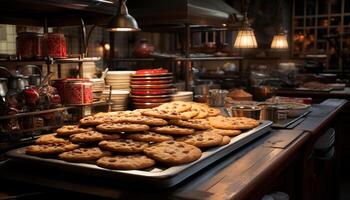 ai generado hecho en casa chocolate chip galletas enfriamiento en rústico bandeja generado por ai foto