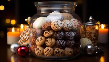 AI generated Homemade chocolate chip cookies on rustic wooden table generated by AI photo