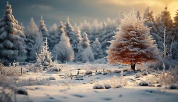 AI generated Winter landscape, snow covered mountains, tranquil scene, frozen beauty generated by AI photo