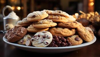 ai generado hecho en casa chocolate chip galletas en rústico de madera mesa generado por ai foto