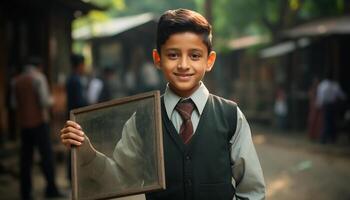 AI generated Smiling child looking at camera, outdoors, happiness generated by AI photo