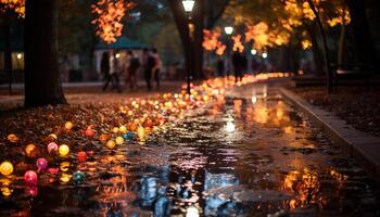 AI generated Nighttime city life illuminated by vibrant street lights generated by AI photo