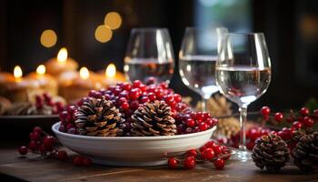 ai generado Navidad celebracion con mesa decoración, invierno madera material generado por ai foto