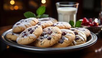 AI generated Close up of homemade chocolate chip cookie on wooden table generated by AI photo