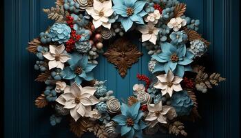 AI generated Flower bouquet on rustic wooden door, symbolizing romance generated by AI photo