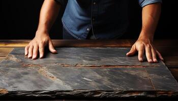 AI generated Caucasian carpenter working with wood in workshop generated by AI photo