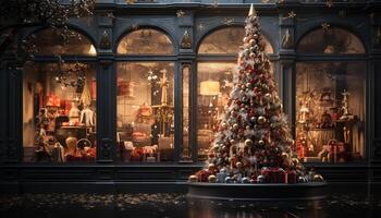 ai generado Navidad árbol brillante con vistoso decoraciones adentro generado por ai foto