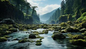 AI generated Tranquil scene of green mountain peak in summer generated by AI photo