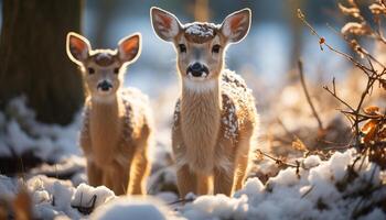 ai generado linda joven ciervo en pie en Nevado invierno prado generado por ai foto