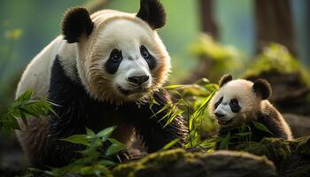 AI generated Cute panda eating bamboo in the wild forest generated by AI photo