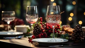 AI generated Elegant celebration, wineglass illuminated by Christmas lights generated by AI photo