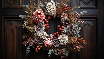 AI generated Rustic wood wreath with holly and pine cone generated by AI photo