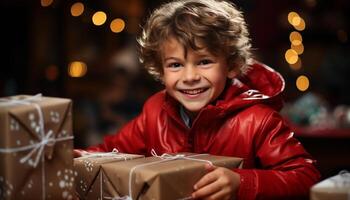 AI generated Smiling child holds gift box, surrounded by Christmas lights generated by AI photo