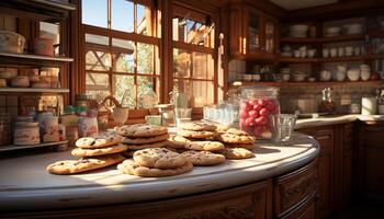 ai generado hecho en casa galletas horneando en un rústico cocina generado por ai foto