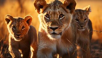 ai generado leona y cachorro en africano desierto a puesta de sol generado por ai foto