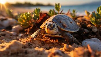 AI generated Turtle crawling on sand, slow and cute generated by AI photo