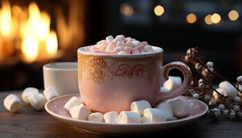 AI generated Hot chocolate and marshmallow on rustic wood table generated by AI photo