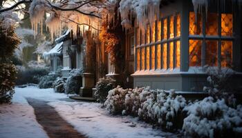 AI generated Winter night  ancient tombstone illuminated by lantern generated by AI photo