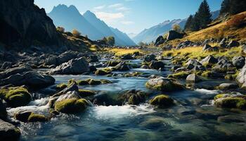 AI generated Majestic mountain peak, tranquil scene, flowing water generated by AI photo