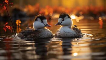 AI generated Cute duckling in pond, surrounded by nature generated by AI photo