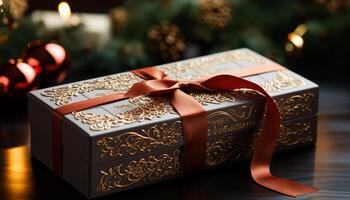 AI generated Golden gift box illuminates festive Christmas celebration generated by AI photo