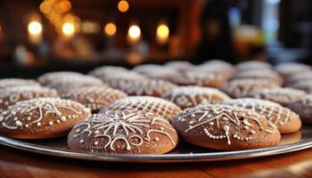 AI generated Homemade chocolate cookies decorate winter celebration table generated by AI photo