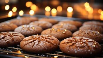 AI generated Freshly baked chocolate chip cookie glowing in candlelight generated by AI photo