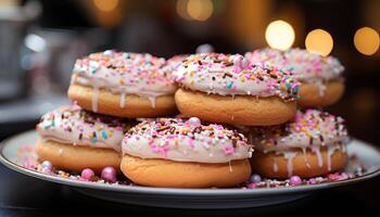 AI generated Stack of multi colored donuts on pink plate generated by AI photo