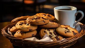 ai generado indulgente hecho en casa chocolate chip galletas en rústico mesa generado por ai foto