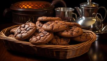 ai generado hecho en casa chocolate chip galletas en rústico de madera mesa generado por ai foto