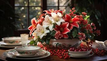 AI generated Fresh flower bouquet brings elegance to rustic table generated by AI photo