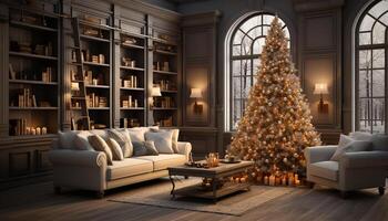 AI generated Cozy living room with illuminated Christmas tree generated by AI photo