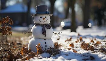 AI generated Cheerful snowman smiles, wearing top hat and carrot generated by AI photo