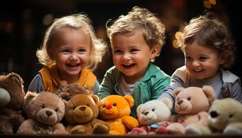 ai generado sonriente niños jugando con juguetes, alegre y linda generado por ai foto