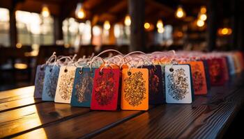 AI generated Wooden table with colorful decorations, illuminated at night generated by AI photo