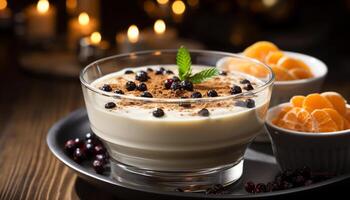 AI generated Freshness and sweetness on a gourmet dessert plate generated by AI photo