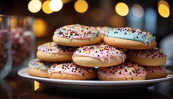 AI generated Stacked homemade donuts with colorful icing and sprinkles generated by AI photo