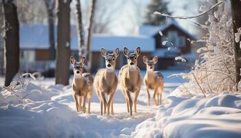 AI generated Cute deer in winter forest, looking at camera generated by AI photo