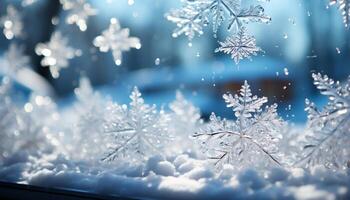AI generated Winter snowflake celebration, nature frosty decoration generated by AI photo