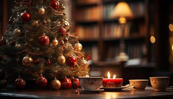 AI generated Christmas tree glowing with candlelight in cozy living room generated by AI photo