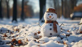 ai generado sonriente monigote de nieve trae invierno alegría en naturaleza generado por ai foto
